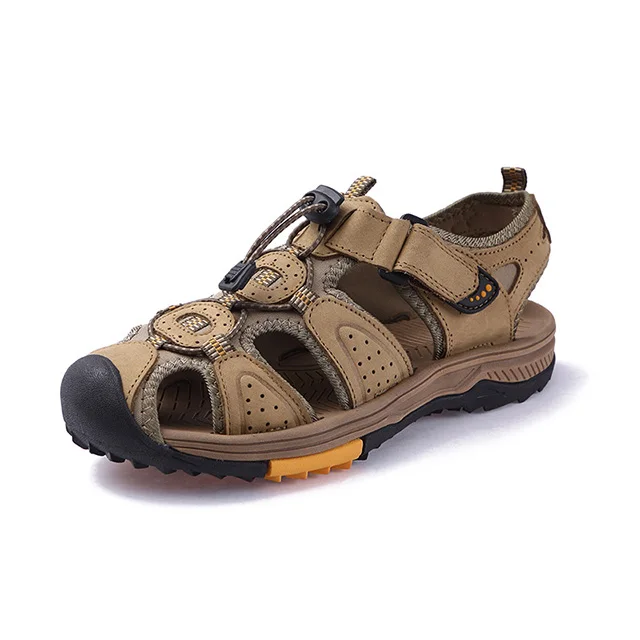 V7257-khaki Мужские сандалии; коллекция года; Летние сандалии из натуральной кожи; мужская повседневная обувь; кроссовки; пляжная обувь; мужские сандалии на резиновой подошве - Цвет: V7257-khaki