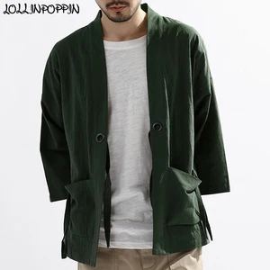 Пальто-кимоно мужское в стиле Хай-стрит, весенняя куртка с рукавом три четверти из хлопка и льна в японском стиле Харадзюку, мужской кардиган, верхняя одежда