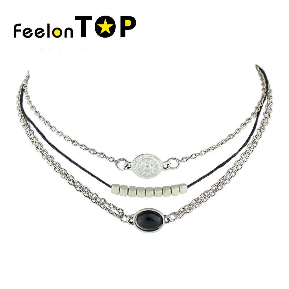 Feelontop 3 шт./компл. черный старинное серебро Цвет нескольких слоев цепи колье