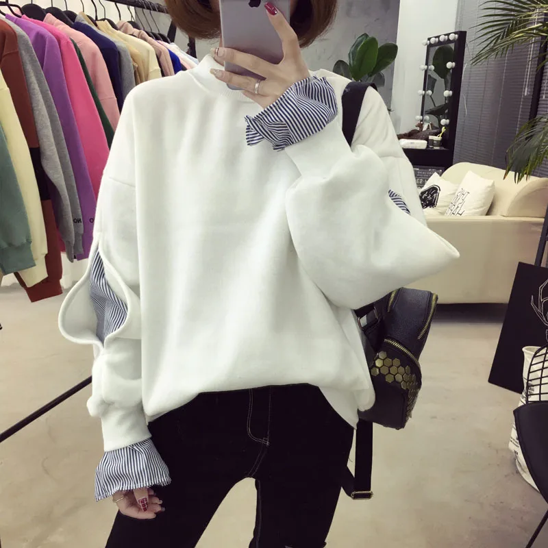 Spring Autumn New Women Striped Fake Two Piece O-Neck Sweatshirts Loose Casual Fashion Drop-Shoulder Harajuku ZX639 | Женская одежда