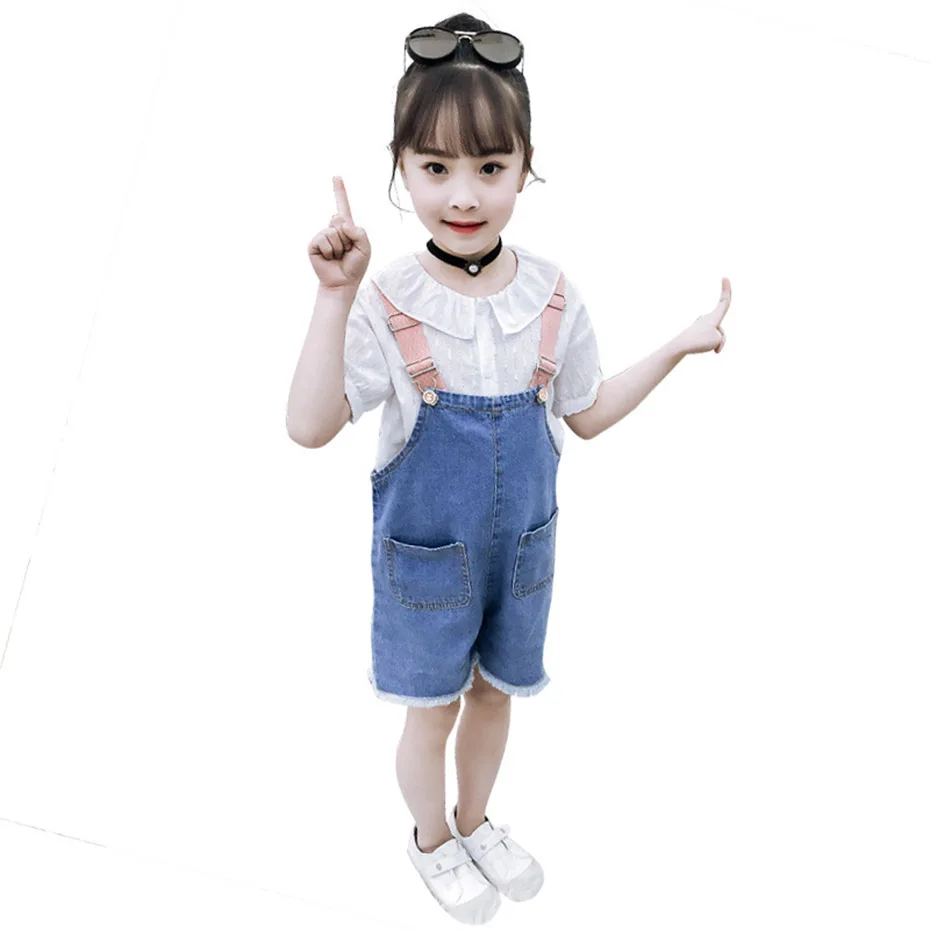 Комплект одежды для девочек белая блузка + джинсовый комбинезон летняя одежда из