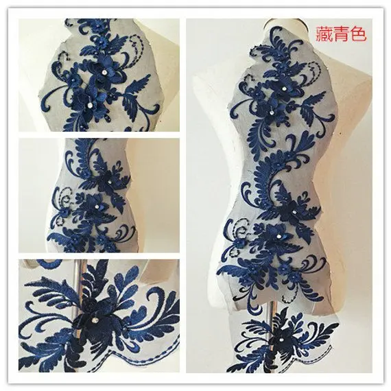 navy blue-ABC Изысканная Кружевная аппликация с объемным цветком из бисера и жемчуга, стразы - Цвет: navy blue-ABC