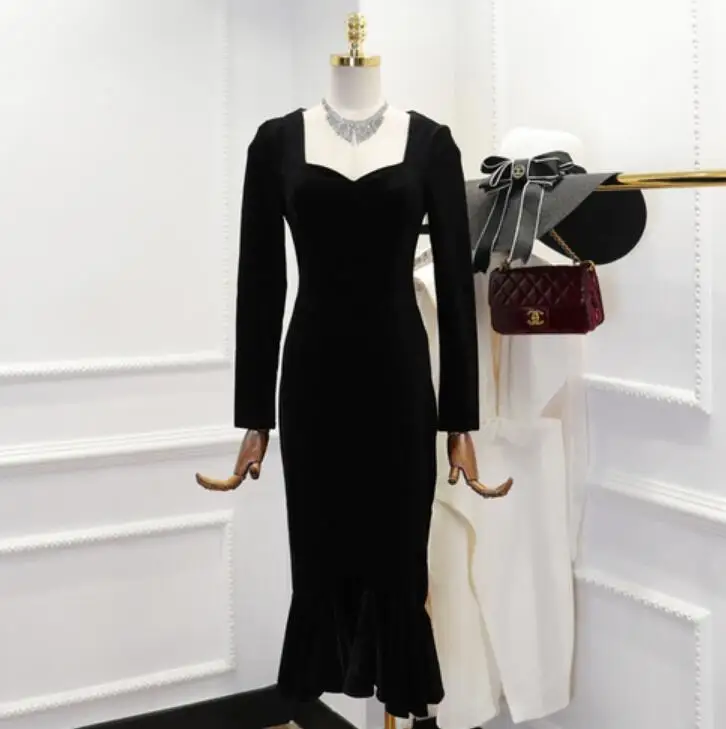 Зимние платья женские темпераментные U воротник пакет бедра вилка платье