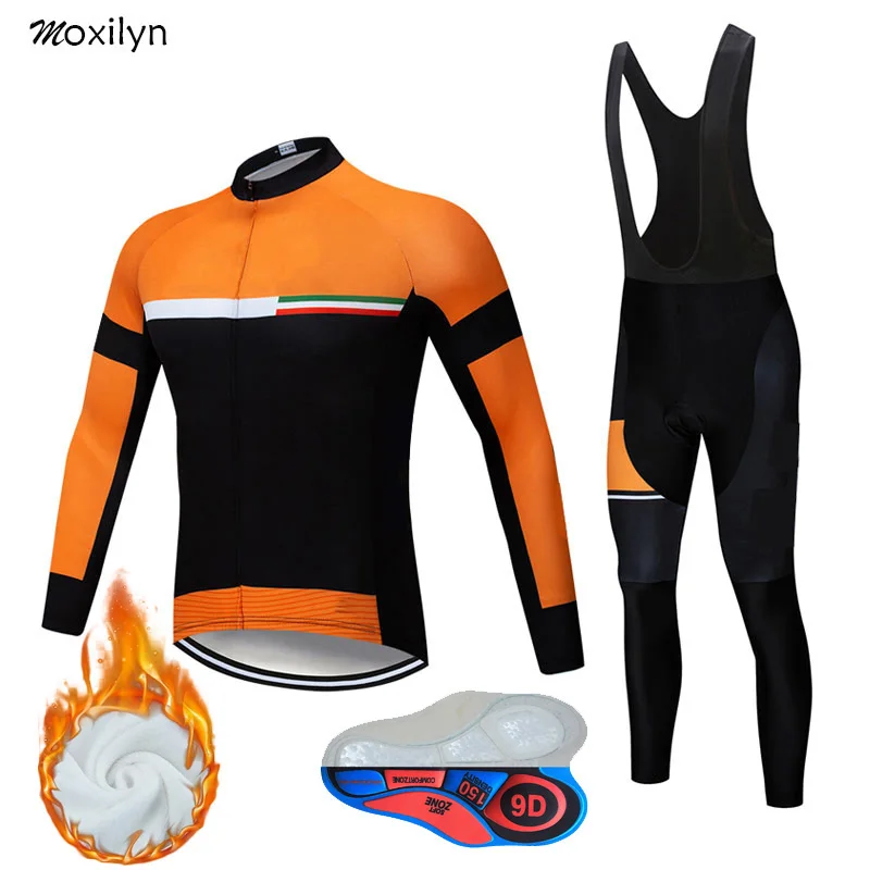 with fleece set 1 Moxilyn, набор Джерси для велоспорта, Зимняя Теплая Флисовая одежда с длинным рукавом для гонок, одежда для велоспорта, Ropa Ciclismo, оранжевый велосипедный костюм - Цвет: with fleece set 1