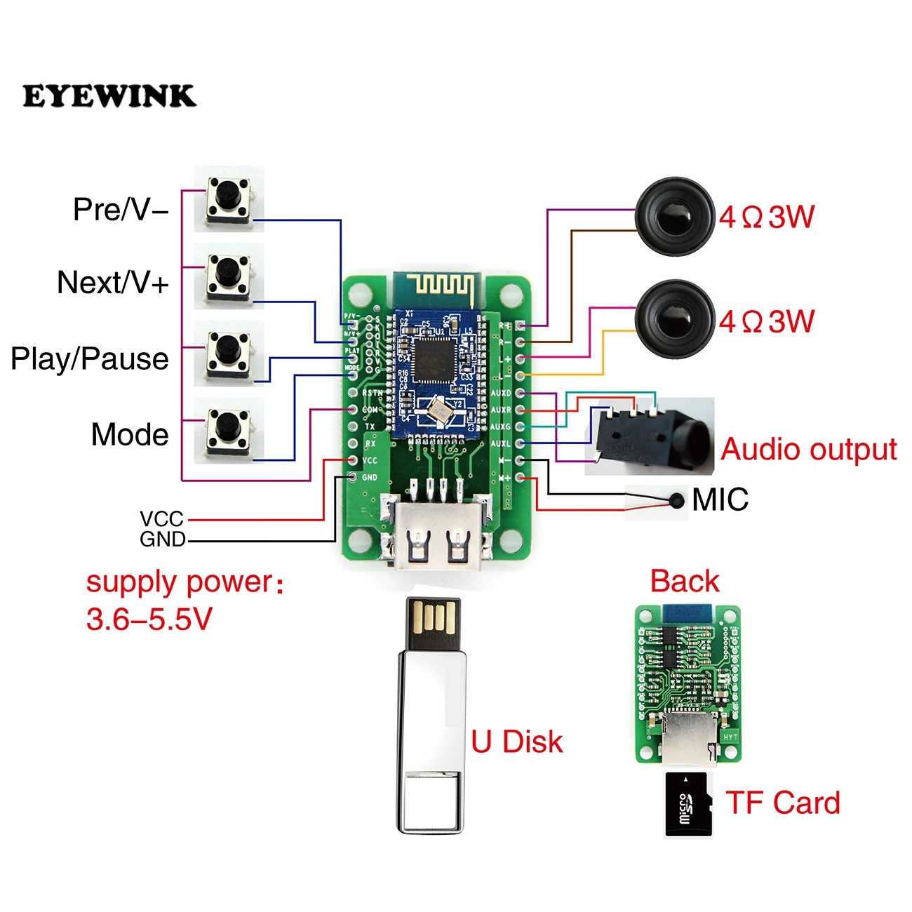 Bluetooth усилитель V4.1 стерео BK3254 модуль/AT U диск TF карта двойной 3 Вт