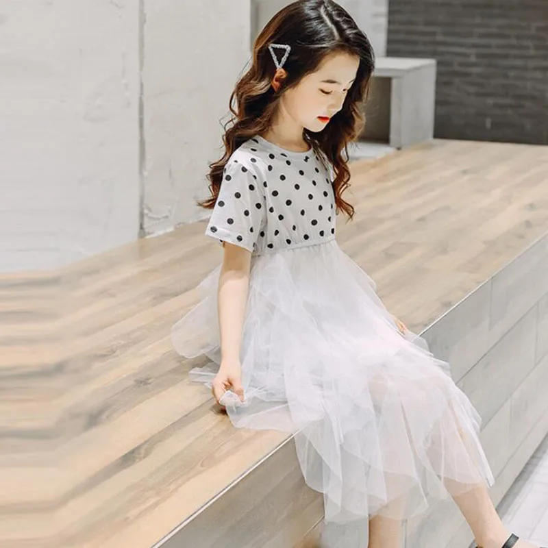 2019 г. Новая летняя детская одежда корейское Хлопковое платье в горошек сеточные с