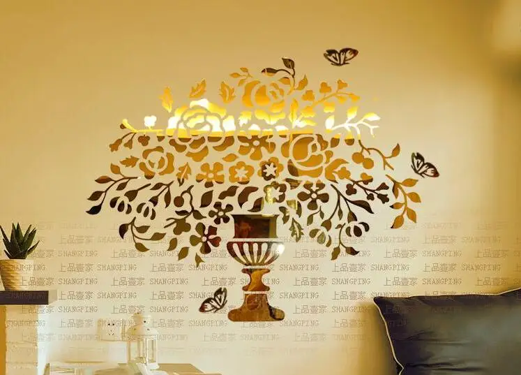 Золотая ваза цветов Хрустальная акриловая зеркальная настенная наклейка