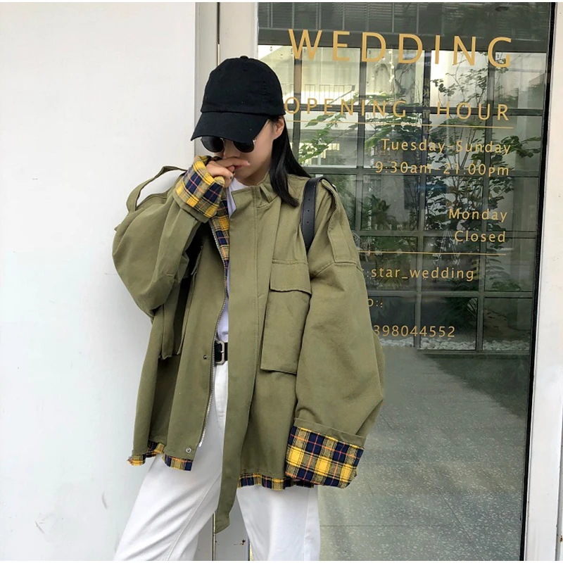 Plegie Harajuku, негабаритная клетчатая Лоскутная Женская куртка, весна, новая верхняя одежда, пальто в стиле хип-хоп, уличная одежда, свободные BF стильные куртки