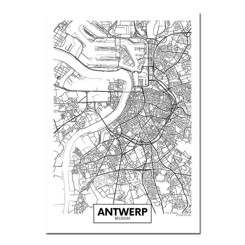 Antwerp Черный, белый, Роттердам, Лондон, Нью-Йорк, столица, город, карта, холст, плакат, настенное искусство, печать, живопись, скандинавские декоративные картины, Декор - Цвет: Antwerp