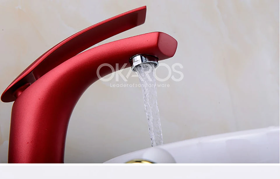 OKAROS смеситель для раковины, водопроводный кран для ванной комнаты, твердый белый черный красный латунный хромированный золотой кран с одной ручкой, смеситель для раковины