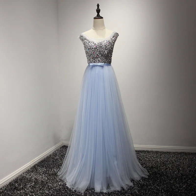 sky blue Ladybeauty Новые сексуальные роскошные длинные стильные платья Дорогой расшитый бусами тюль Платья для официальных мероприятий и вечеринок с кристаллами и жемчугом Длина в пол - Цвет: sky blue