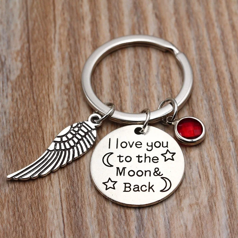 I Love You to the Moon& Back/брелок для ключей с камнем рождения/персонализированные крылья брелок/подарок подруге/подарок бойфренду/подарок для сестры