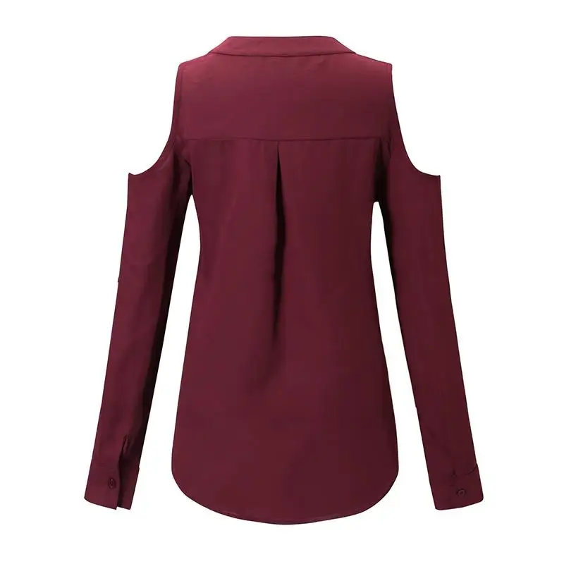 

Elegant Office Women Blouses Shirt Autumn Casual Hollow Chiffon Tops V-Neck Cold Shoulder Blusas Mujer De Moda WS9610C
