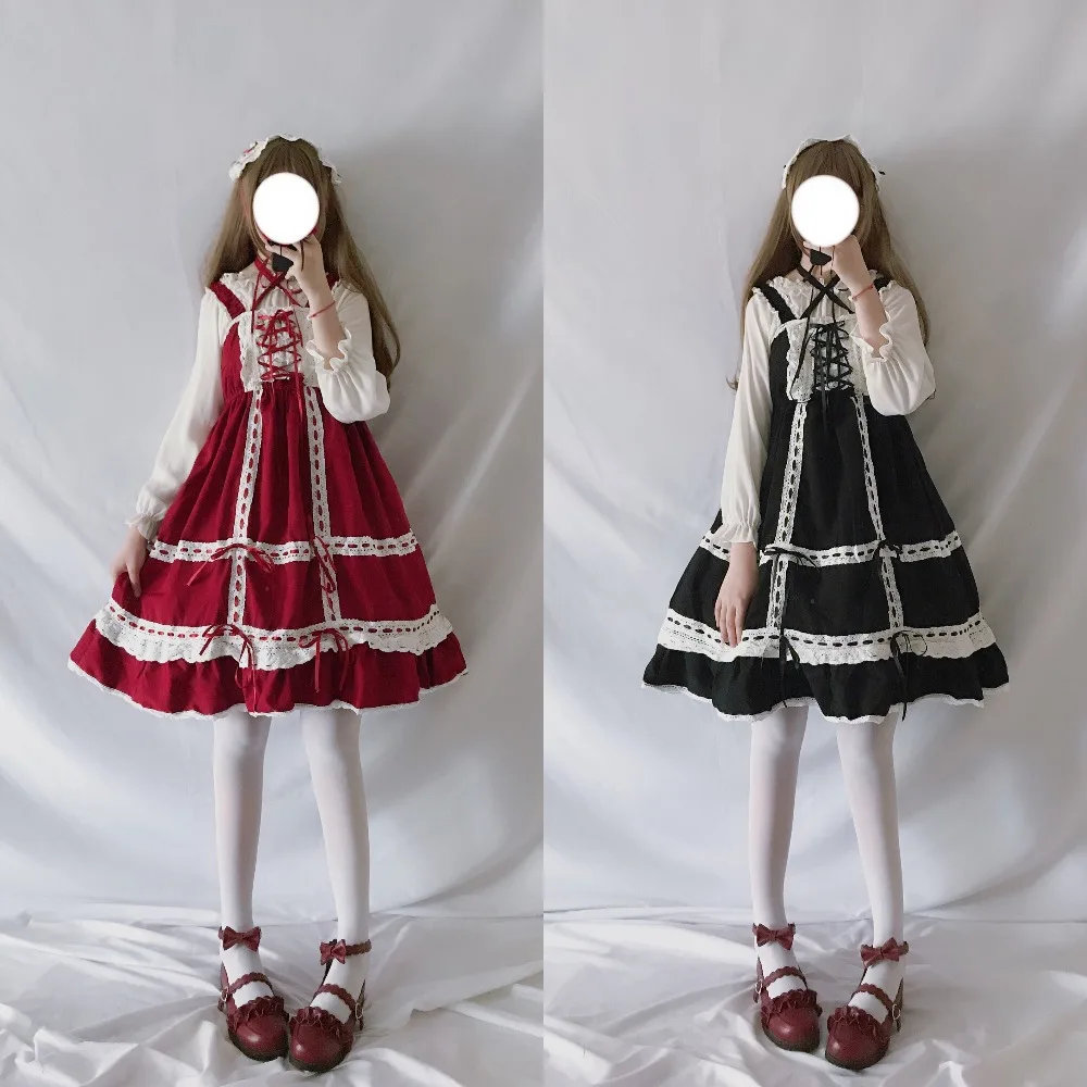 Платье в стиле Лолиты; милое платье в японском стиле Kawaii для девочек; платье принцессы; винтажная Детская кукла; кружевное платье; цвет красный, зеленый, черный; женская летняя юбка с бантом