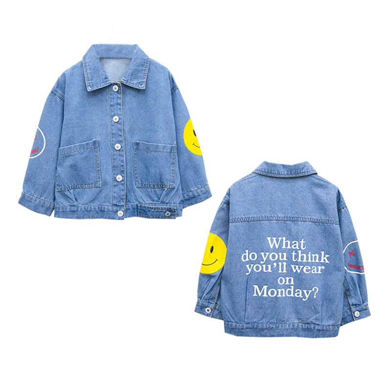 Джинсовая куртка со смайликом для девочек новинка 2019 года весенне-осенняя