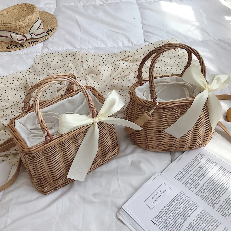 Соломенная Сумка корзинка с бантом для женщин летняя пляжная сумка Кроссбоди из
