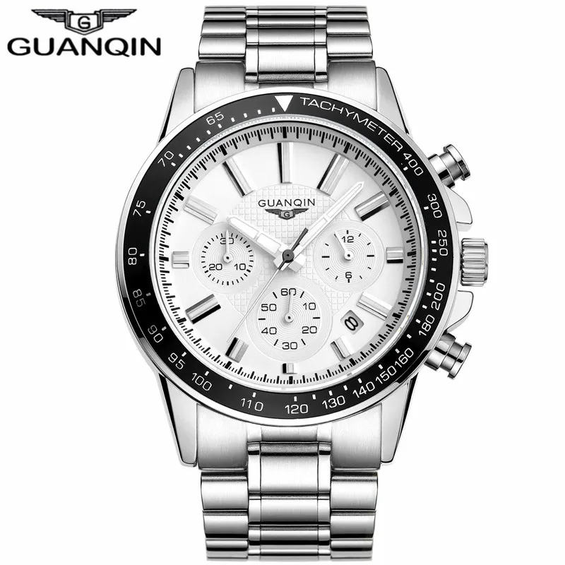 Relogio masculino GUANQIN мужские часы Топ бренд класса люкс бизнес нержавеющая сталь кварцевые часы мужские спортивные водонепроницаемые наручные часы - Цвет: Silver White