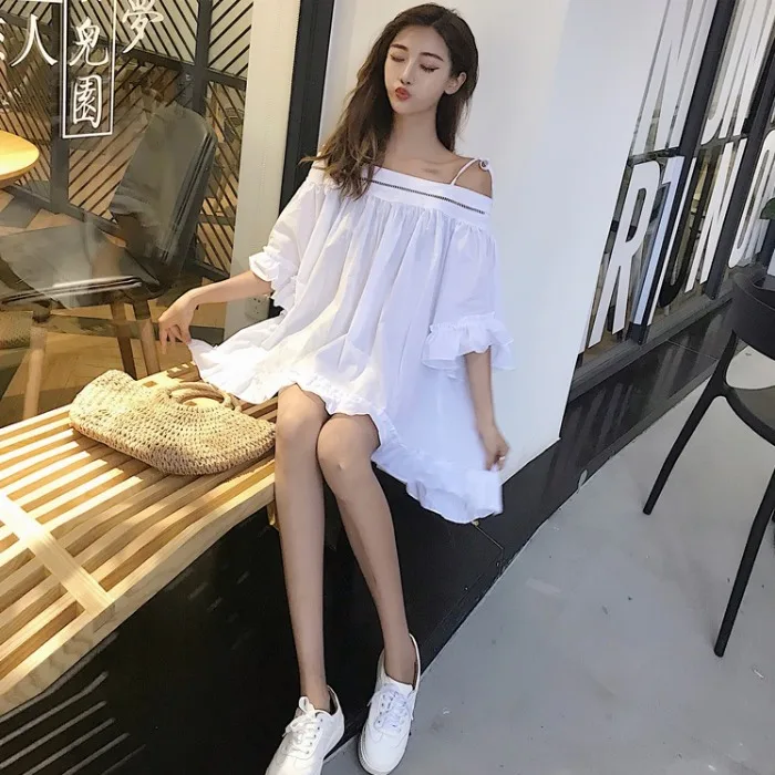 

loose slash neck flare sleeve summer style white ruffles fashion brand half Korean sweet ladies tops Women's Clothing Shirts