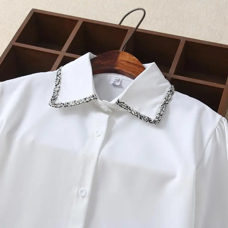 2018 Autumn Korean Casual Loose Line Stitching Women Blouses Student Base Large Size Long Sleeve Lapel White Shirt Female Tops |