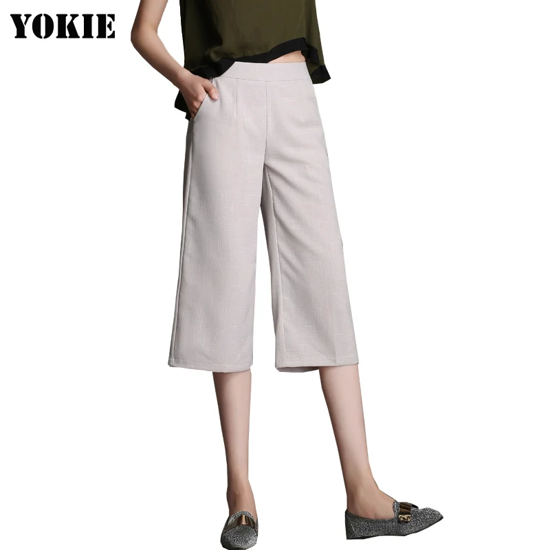 

Linen cotton wide leg pants loose solid high waist clothes S-4XL white black gray casual calf length pants female summer 2022