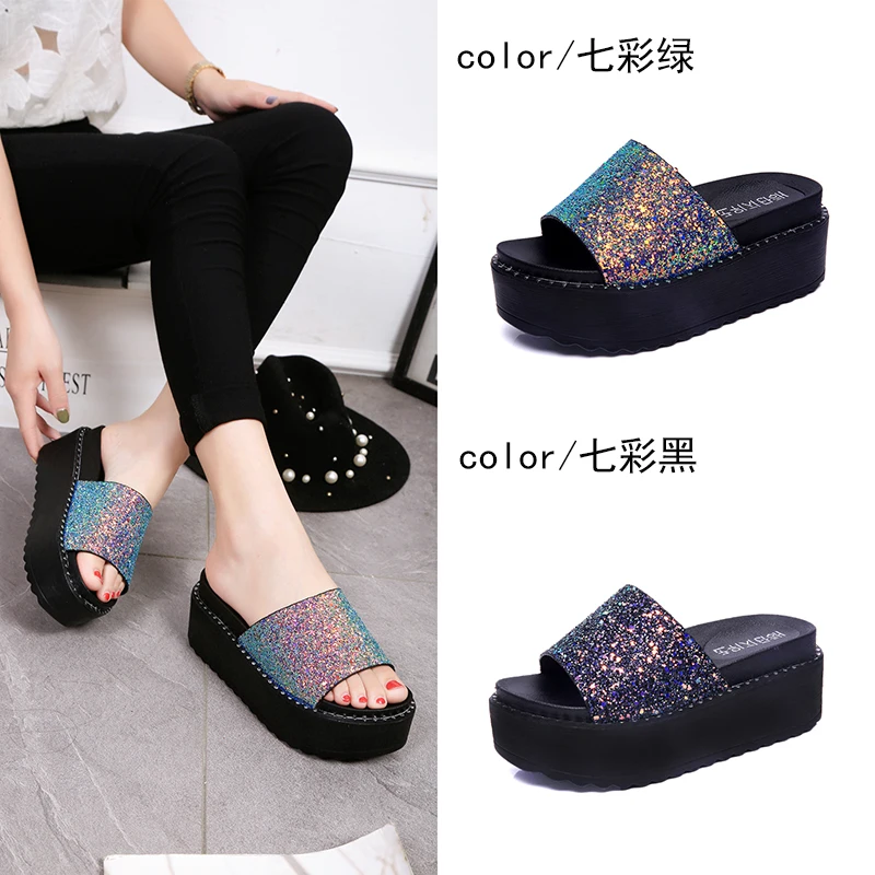 Летнее платье с блестками ремешком Женские босоножки шлепанцы блестящие пляжные