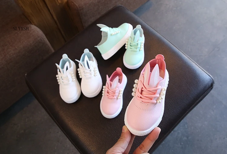 

2018 Fashion Children Toddler Girls Cute Pearl Rabbit Ear Casual Shoes for Little Girls Kids Sneakers Blue White Pink Color