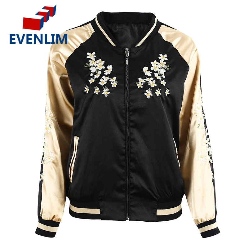 Evenlim цветочный Вышивка атласная куртка Леди Пальто осень зима 2017 Черная курточка
