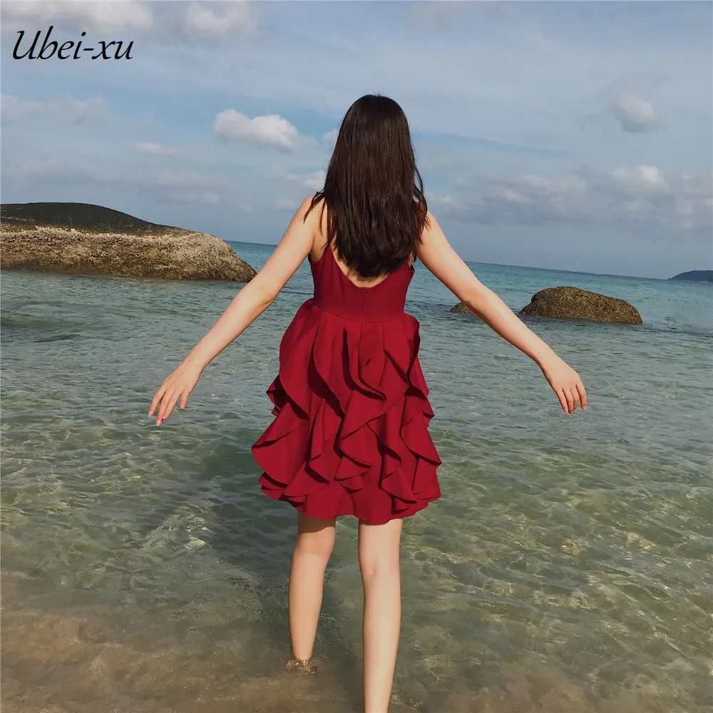 Ubei2019 Летняя женская одежда топ с открытой спиной шифоновое красное короткое