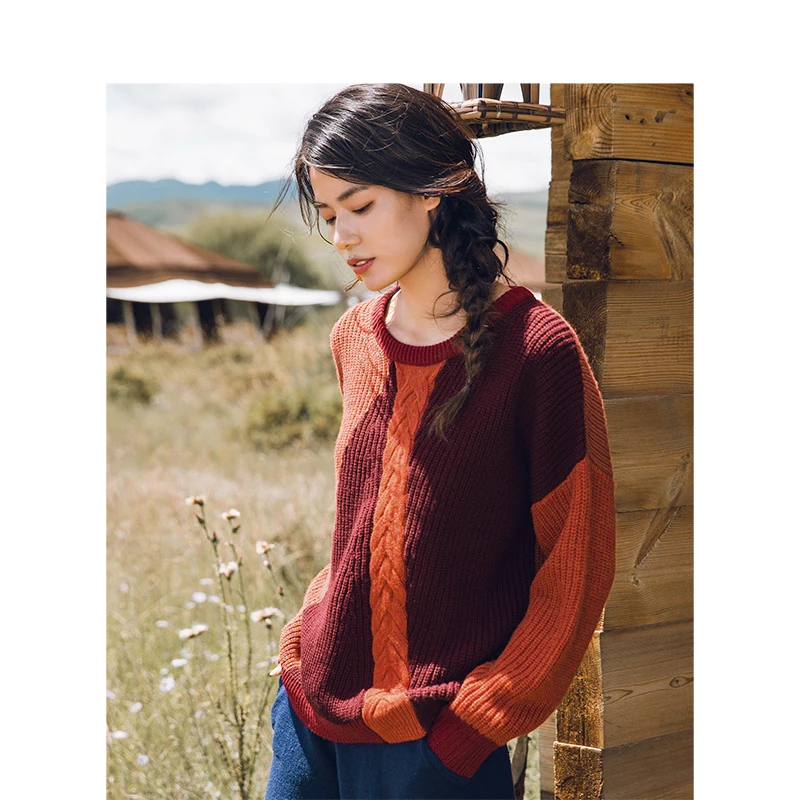 INMAN Winter Female Round Collar Contrast Color Jacquard Loose Retro Literary Pullover Women Sweater | Женская одежда