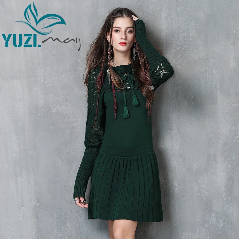 Женское платье Yuzi. may Boho Новое хлопковое шерстяное платье ТРАПЕЦИЕВИДНОЕ плиссированное платье с рукавами-фонариками и круглым вырезом A82058 Vestido Feminino