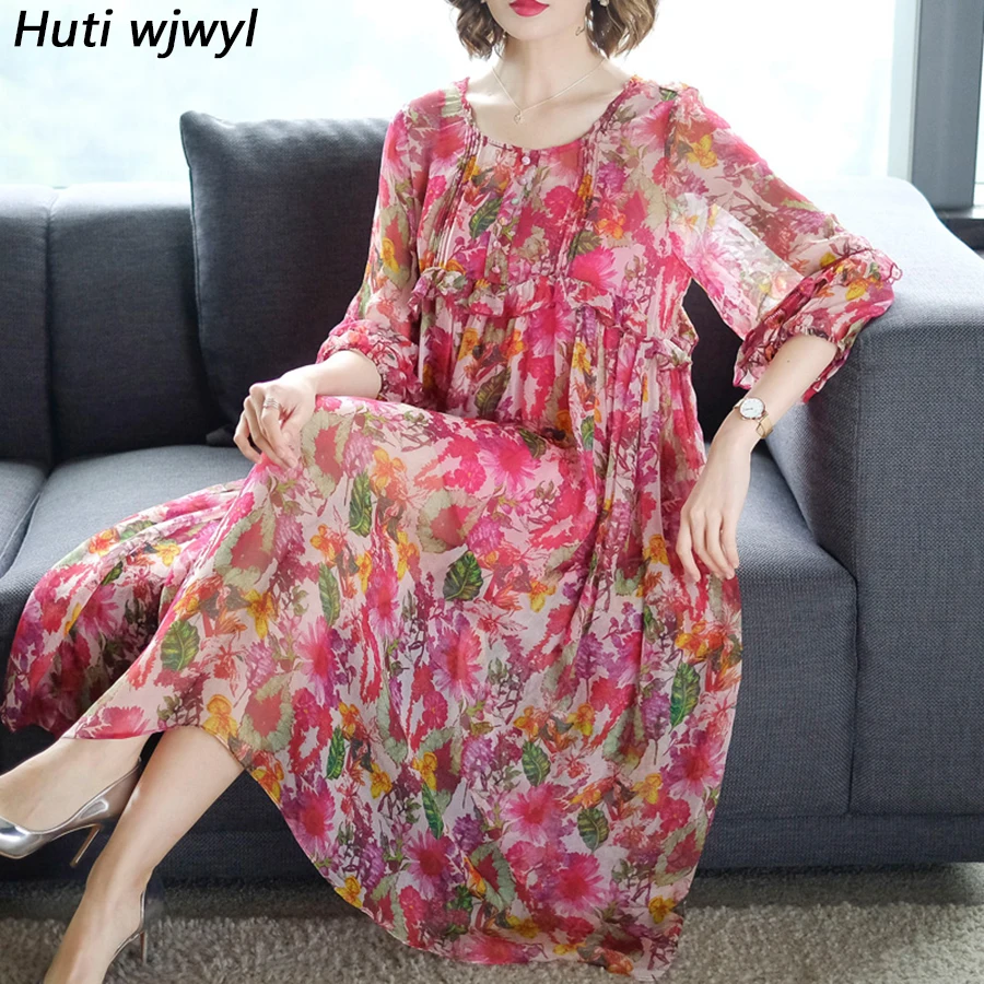 

2022 Korean New Vintage Silk Loose Midi chic Dresses Summer Print Beach Elegant Maxi Sundress Women Boho Party evening Vestidos