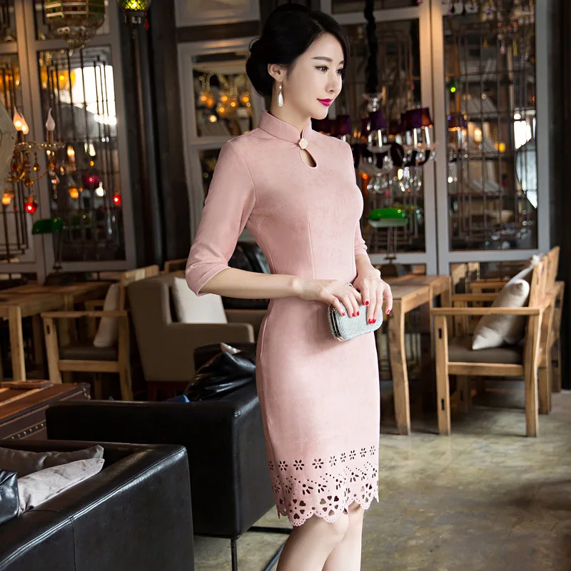 Fengmeisi женщин Cheongsam Короткие Qipao ткань замши пикантные китайское традиционное
