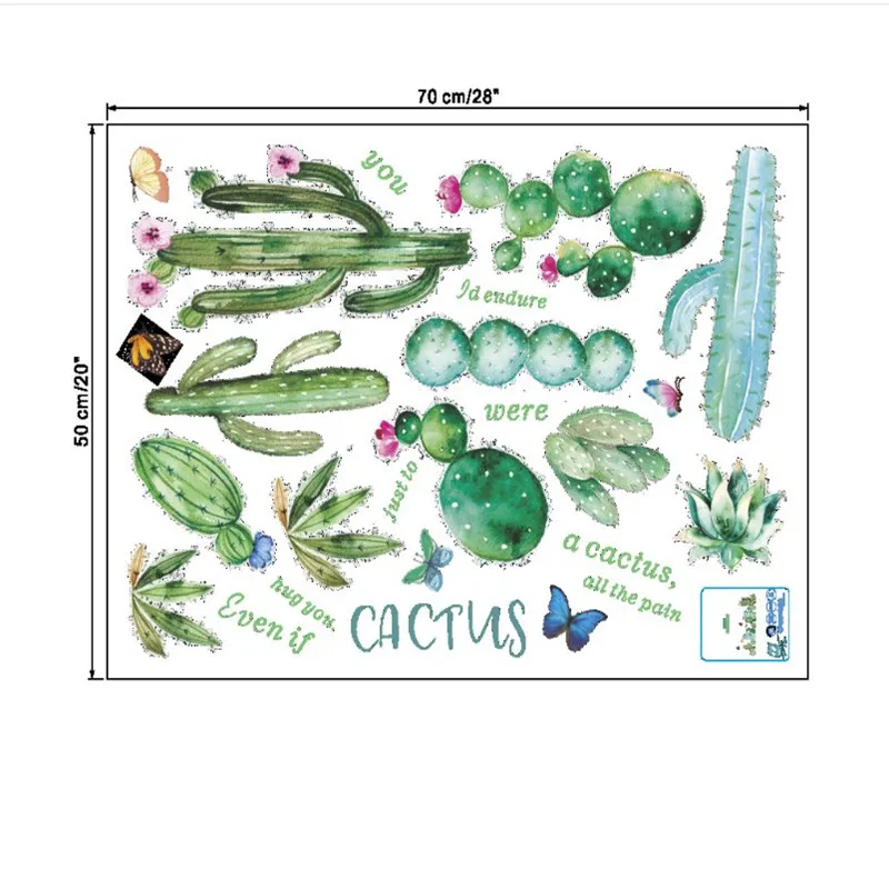 Свежие зеленые кактусы настенные наклейки Переводные картинки декор для спальни