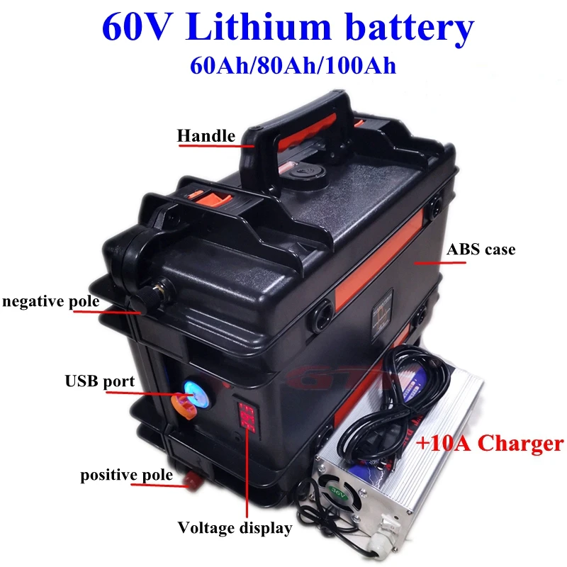 

Portable 60V 60ah 80ah 100ah Lithium battery BMS 20S for RV motorcycle energy storage solar system boat+10A charger