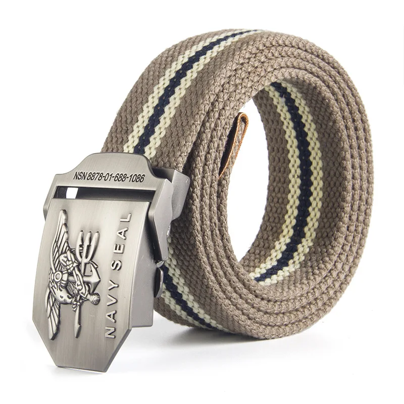 Dark Khaki Belt 12 типов холщовый мужской ремень темно-синего цвета с металлической гладкой пряжкой полосатый мужской ремень из сплава орла армейский ремень длинный Регулируемый черный пояс для талии - Цвет: Dark Khaki Belt
