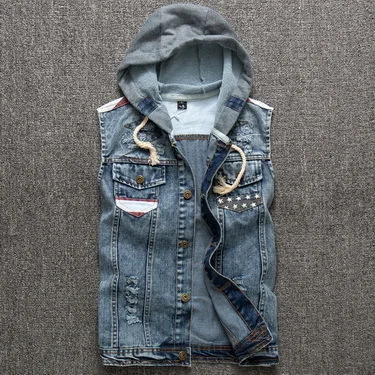Mens Denim Vest Male Sleeveless Hoodie 