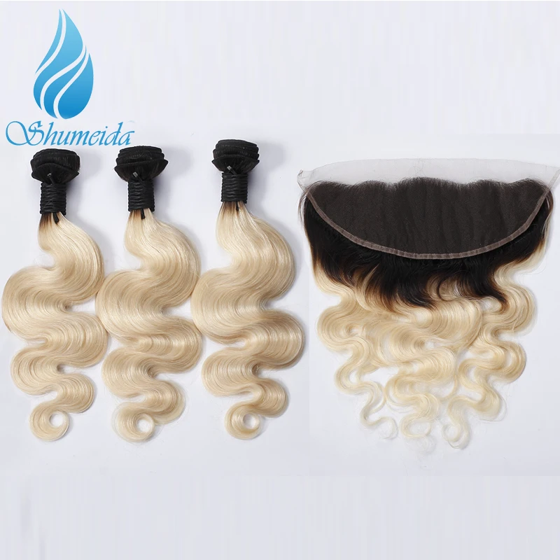 Shumeida Brazilian Remy Hair Body Wave 1b613 Bundles With Frontal Ombre Blonde Human Weft Ear to Lace 13*4 | Шиньоны и парики