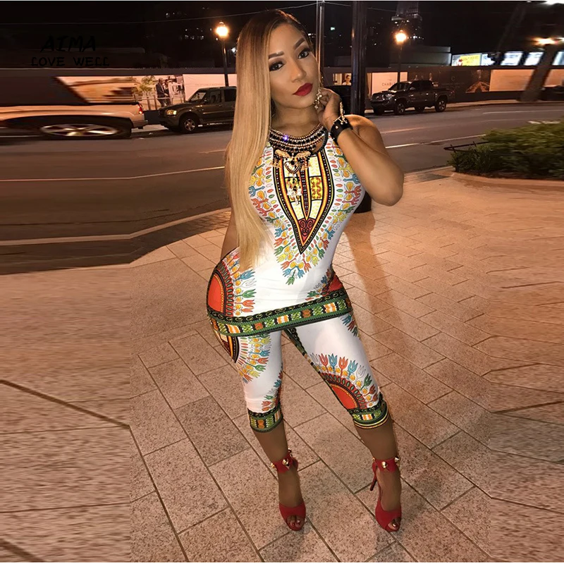 2017 Summer New African Printing National Two Piece Set Sexy Women Sleeveless O-Neck T-shirt + Pencil Pants Fashion Sets | Женская