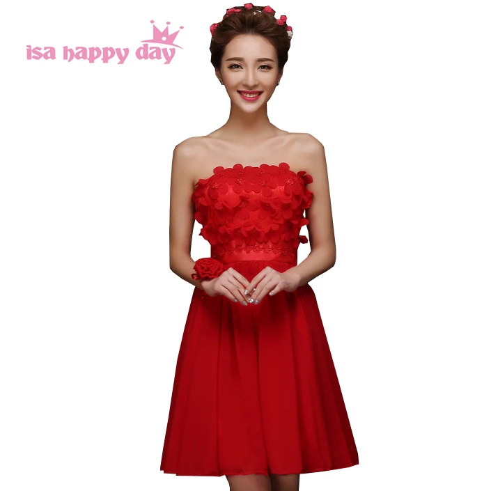 

Недорогое милое короткое платье в стиле принцессы для подростков, без бретелек, с цветочным принтом, для подружки невесты, платье для вечеривечерние, элегантные красные платья для подружки невесты, H4235