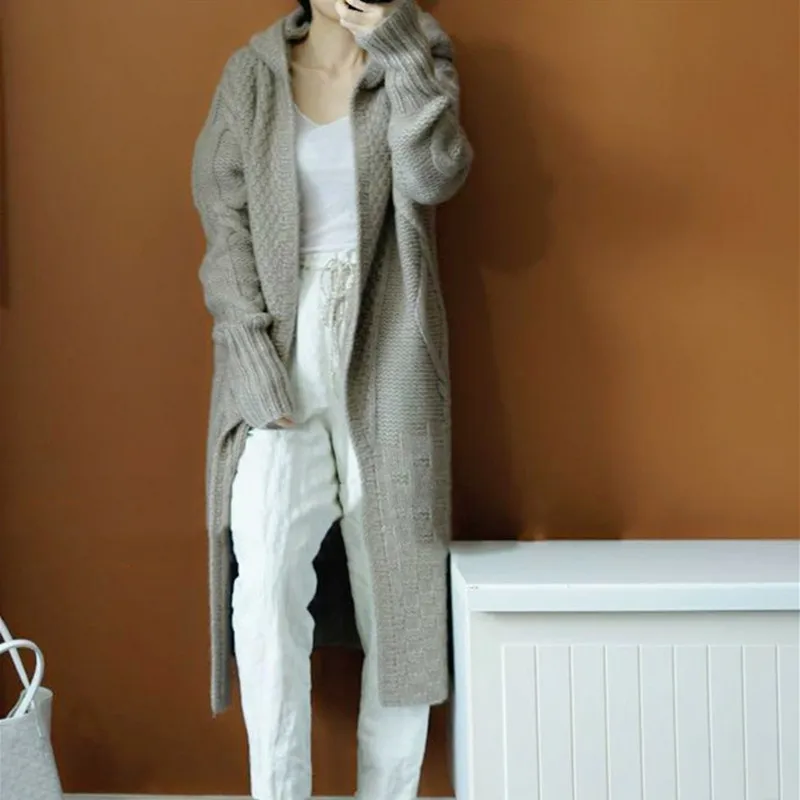 New Women Autumn Hooded Split Slim Cardigan Long Sleeve Loose Asymmetric Batwing Pocket Thicken Sweaters |