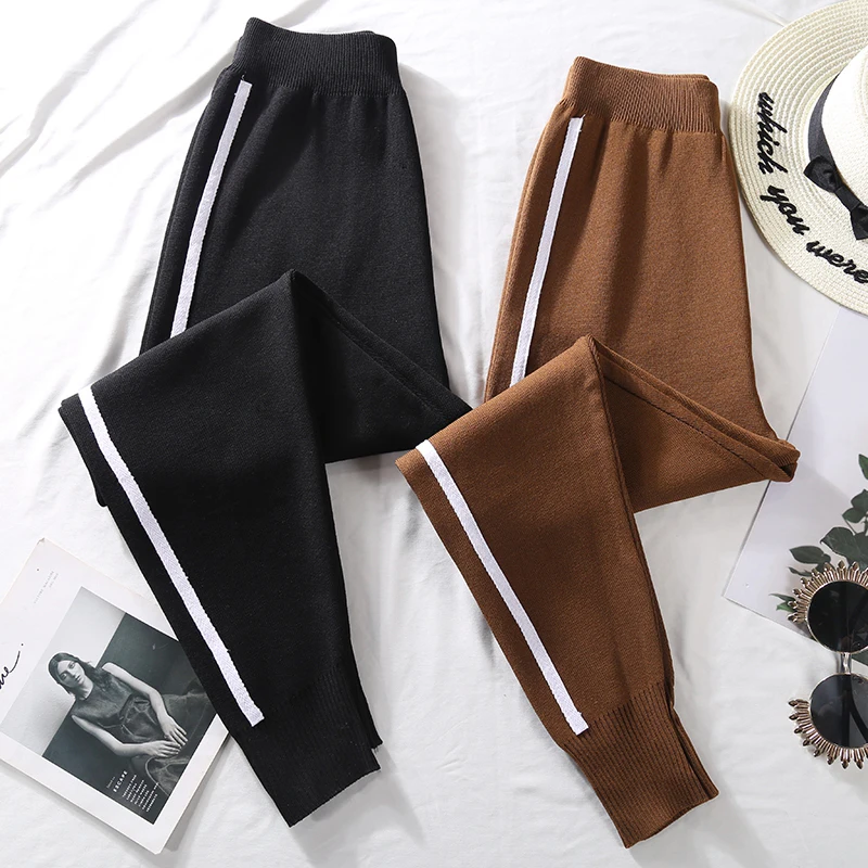 Autumn Knitted Harem Pants Women Women's Drawstring Wide Leg Pants Outdoor Comfy Casual Elastic Waist Pants with Pockets
