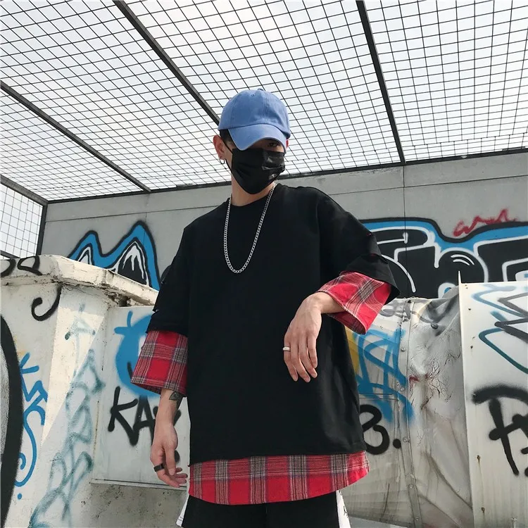 LAPPSTER летняя желтая клетчатая уличная футболка поддельные две части Harajuku Лоскутные футболки мужские Забавные футболки с длинным рукавом