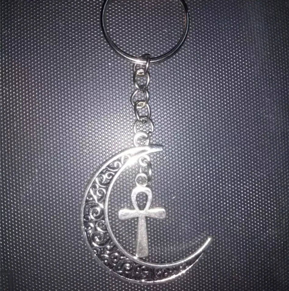 Moon & Ankh cross Keychain-Fashion jewelry Tibetan silver charm pendant key chain ring DIY Fit Keychain Fast shipping D368