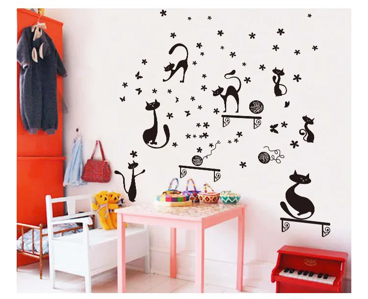 Новый милый мультяшный черный стикер на стену с кошкой детские комнаты