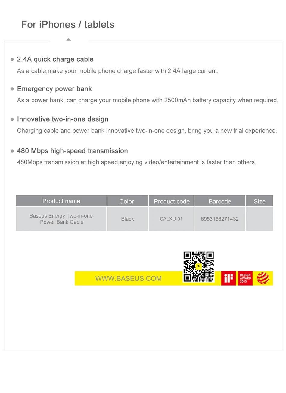 Baseus 2500 мАч 2 в 1 1,2 м USB кабель power Bank для iPhone Xs Max Xr X 8 7 6 Pover повербанк внешний аккумулятор зарядное устройство power bank
