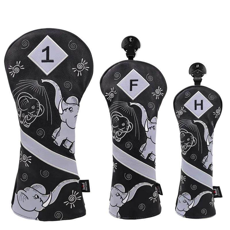 3PCS(1 F H) Гольф-мастер древесины клуб шлем для водителя Фарватер UT клюшки клуба(#1 F H) с биркой номер слон вышивка черный - Цвет: 3PCS(1 F H)