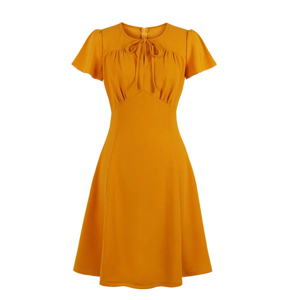 Винтажные платья 50 s 60 s 40 s 4xl с расклешенными рукавами, с v-образным вырезом и рюшами, винтажное платье трапециевидной формы, элегантное желтое горчичное платье