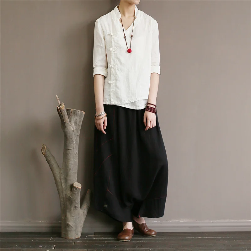 

Summer Cropped Harem Pants Women Embroidery Loose Wide Leg Pants Women Pleasted With Pockets Elastic Waist Black Casual Capris