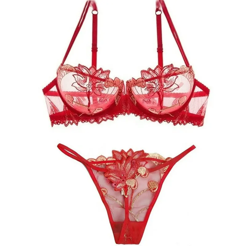 Red G-String bra set Сексуальный кружевной комплект нижнего белья пуш-ап, женское нижнее белье, комплекты нижнего белья с цветочной вышивкой, белый бюстгальтер, комплект нижнего белья - Цвет: Red G-String bra set
