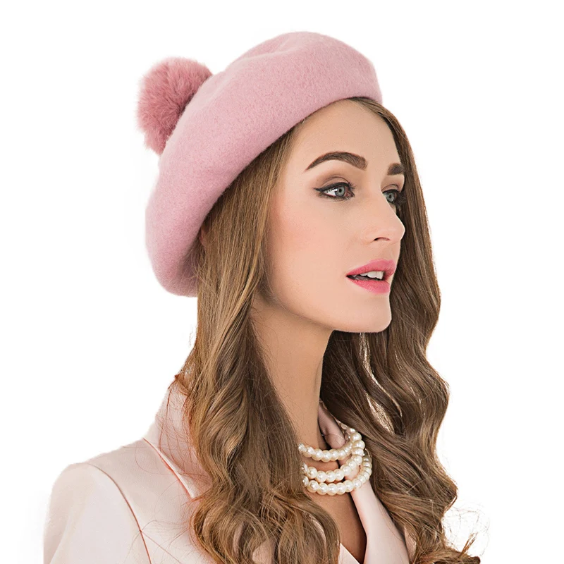 Женская шапка берет FS розовая шерстяная фетровая с помпоном шапки бини зимняя
